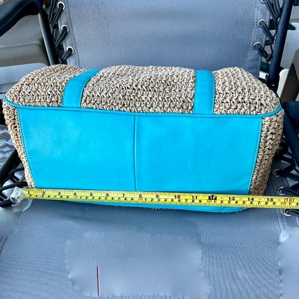 Talbots Large Woven Paper Straw Tote Bag Turquoise Blue Leather Trim Gold - Picture 10 of 12